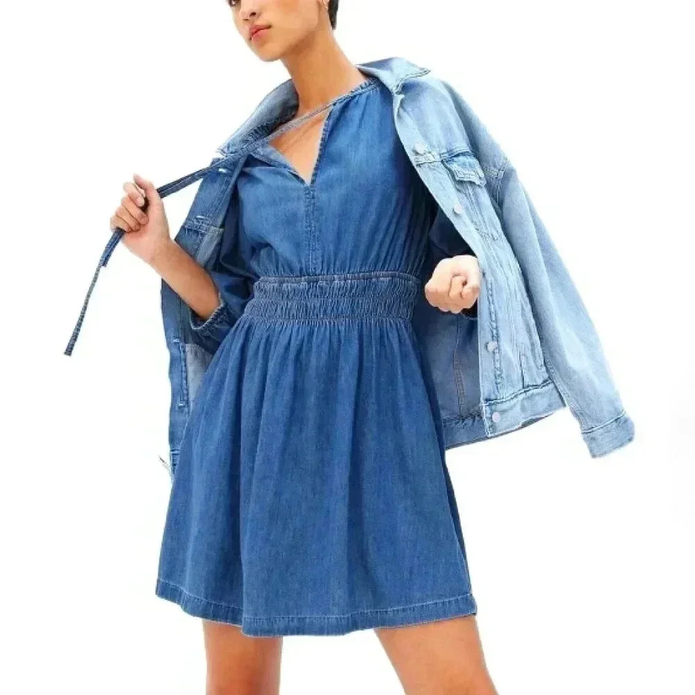 GAP Puff Sleeve Denim Dress with Washwell Smocked Waist Boho Prairie  Size Small